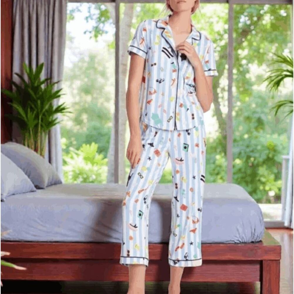 NWT Kate Spade Cabana Print Aqua Stripe Beach Print Pajama Set Size Large